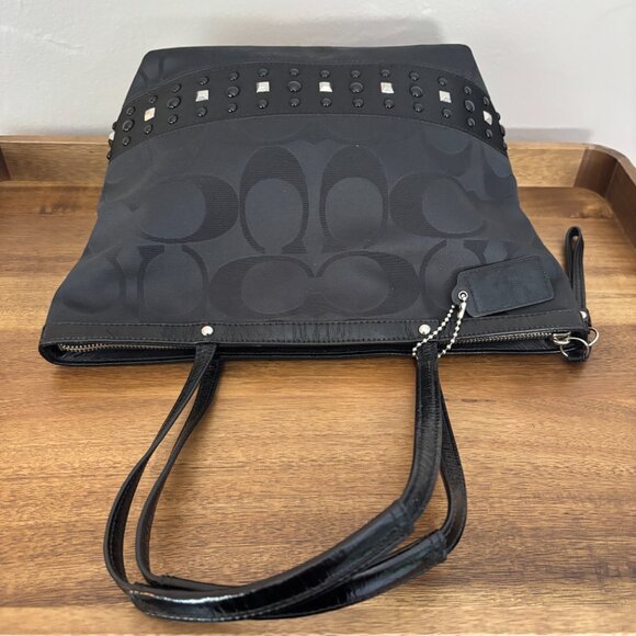 Coach Black Sateen Signature C Black Patent Leather Trim Studded Tote - Picture 5 of 10